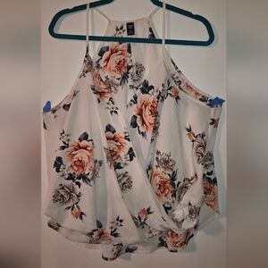 SHEIN White Floral Wrap Tank with Peach & Gray Blooms